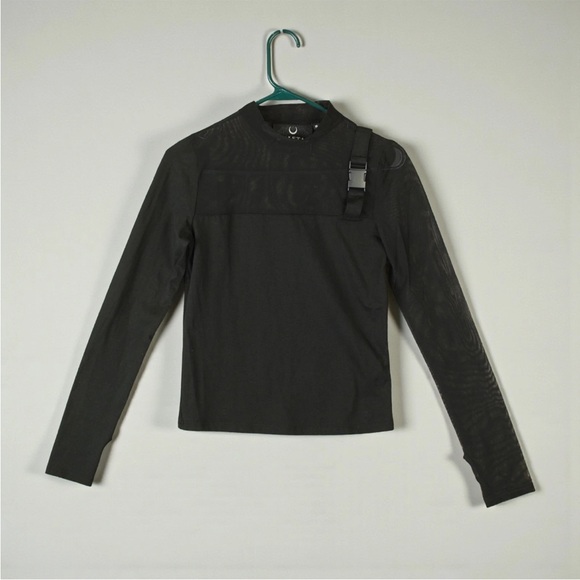 Killstar Tops - Killstar Half Mesh With Buckle Cross Left Shoulder Top Round Neck Womens S Black